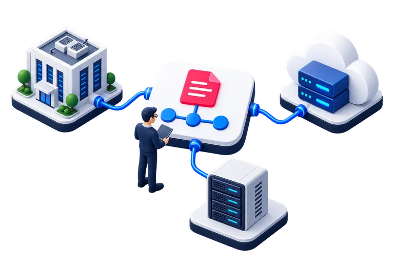 A central application connects to a data centre, cloud and an on-premises server.